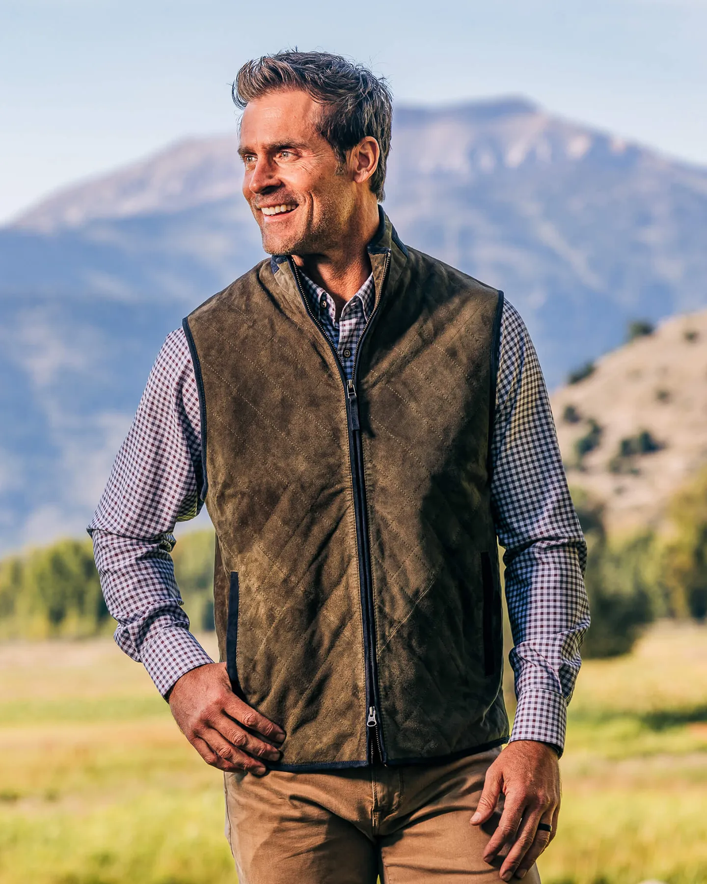 RIDGELAND QUILTED GOAT SUEDE VEST - OLIVE