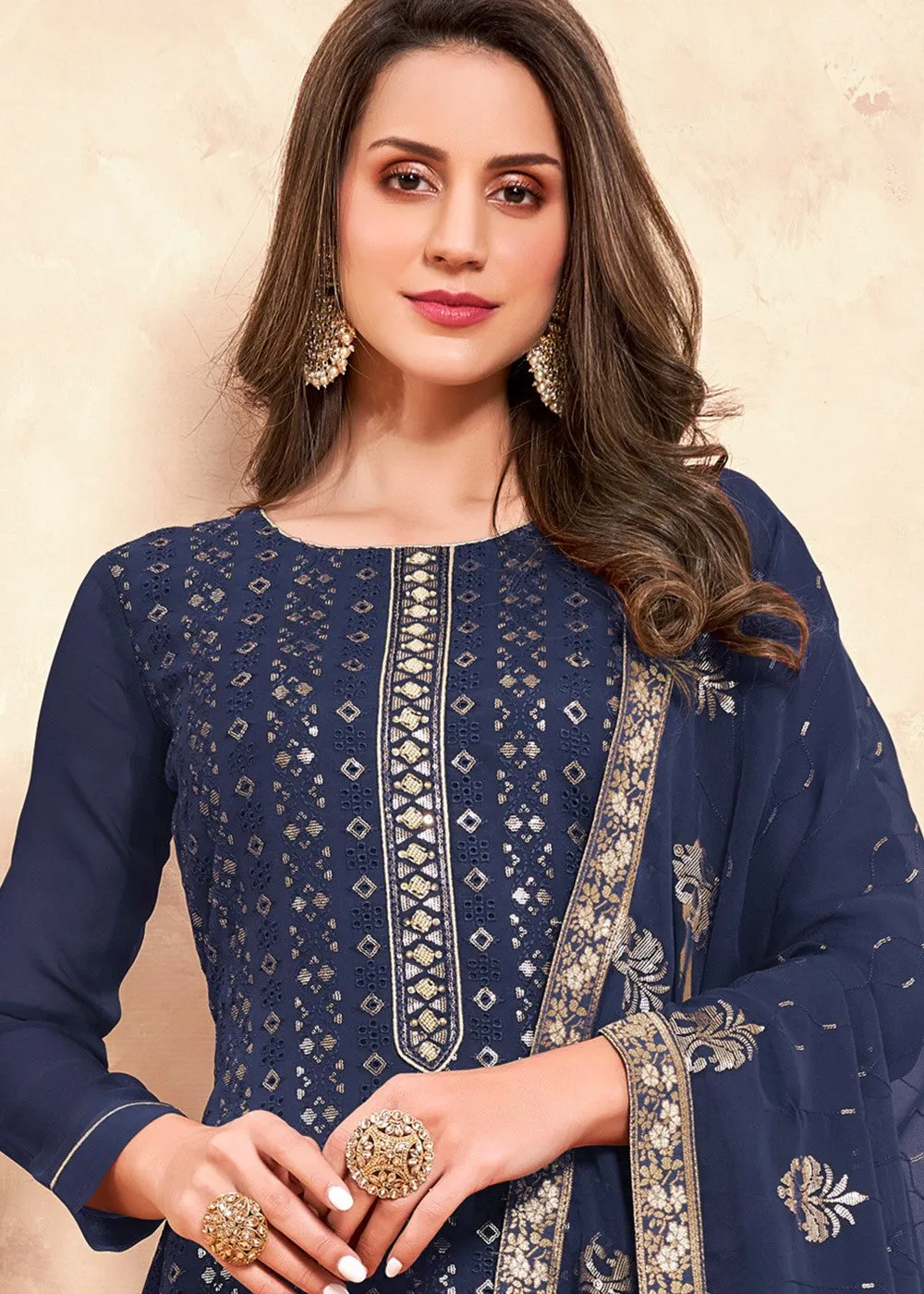 Sequins Embroidered Blue Pakistani Style Suit