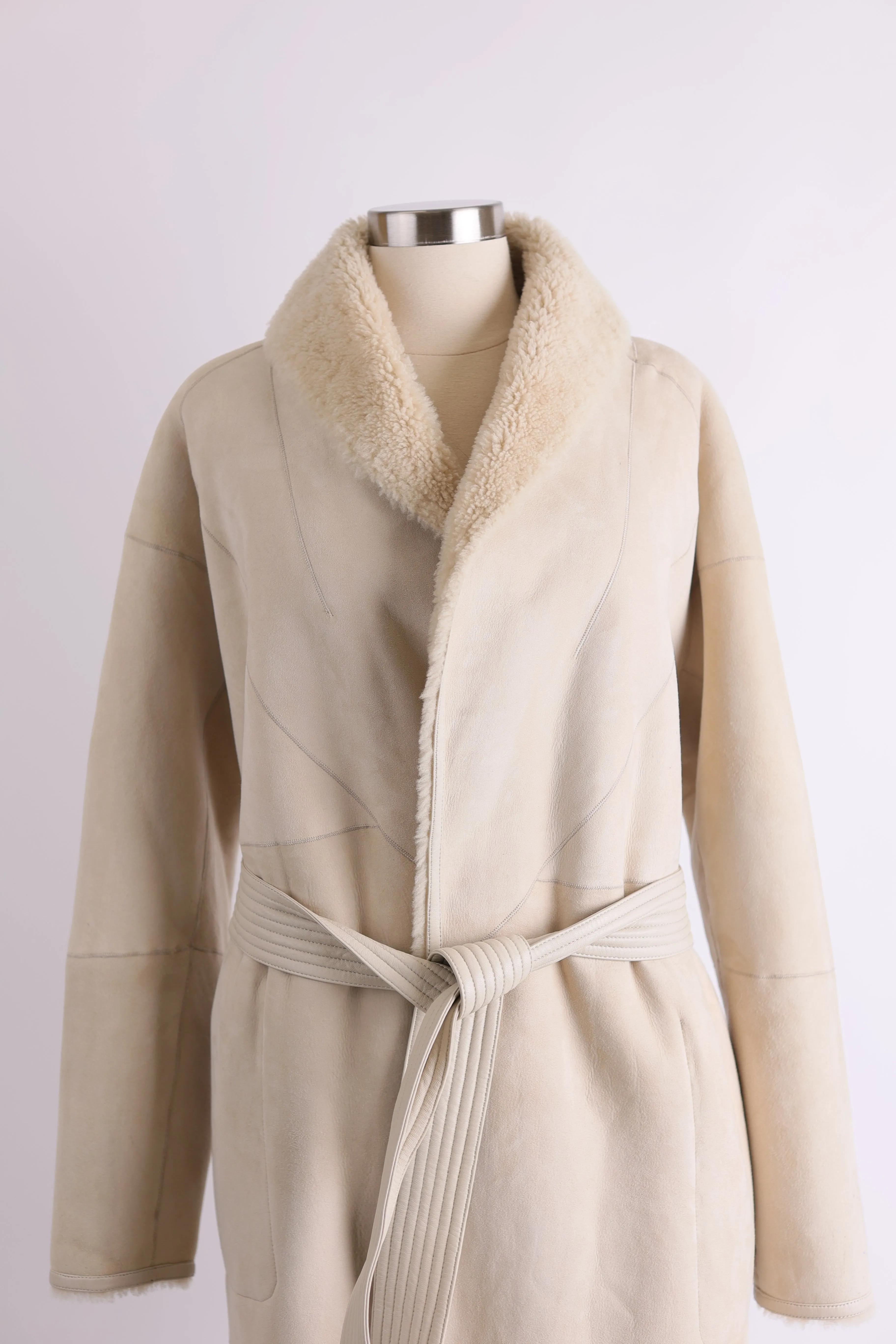 Shearling & Suede Reversible Belted Overcoat