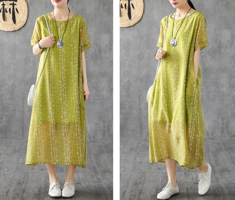 Short Sleeve Floral Print Summer Spring Cotton Linen Women Dresses DZA20668