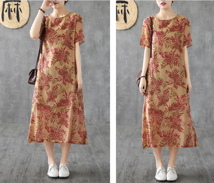 Short Sleeve Floral Print Summer Spring Cotton Linen Women Dresses DZA20668