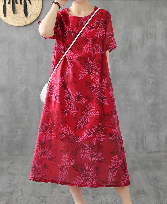 Short Sleeve Floral Print Summer Spring Cotton Linen Women Dresses DZA20668