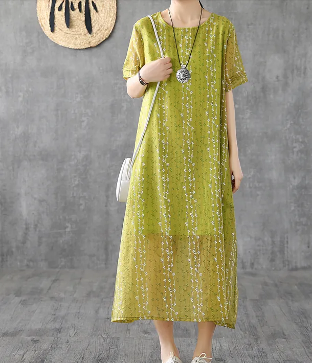 Short Sleeve Floral Print Summer Spring Cotton Linen Women Dresses DZA20668