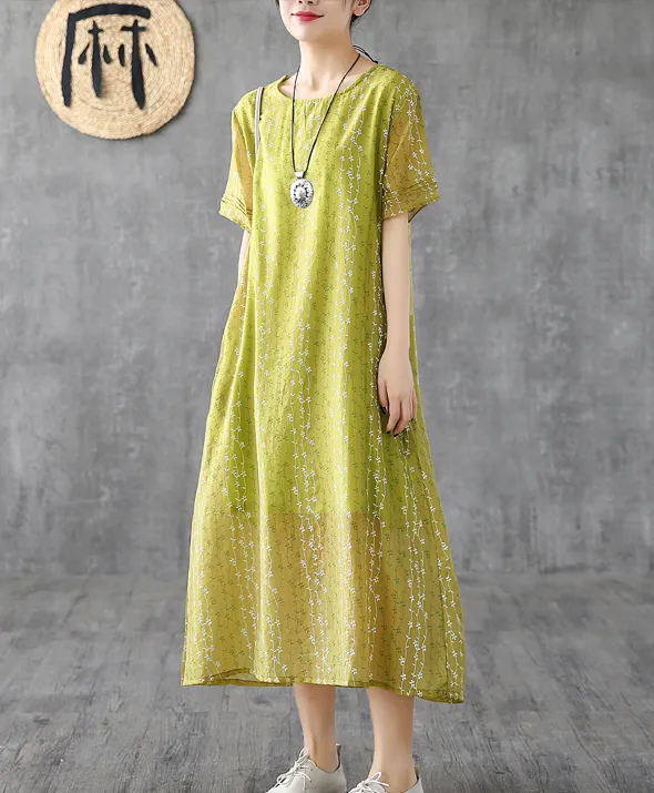 Short Sleeve Floral Print Summer Spring Cotton Linen Women Dresses DZA20668