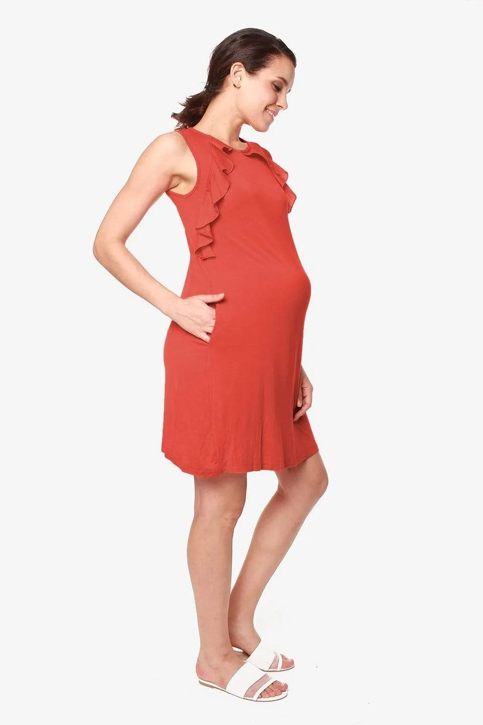 Sleeveless Calida Frills Bamboo Cotton Nursing Dress Dark Coral