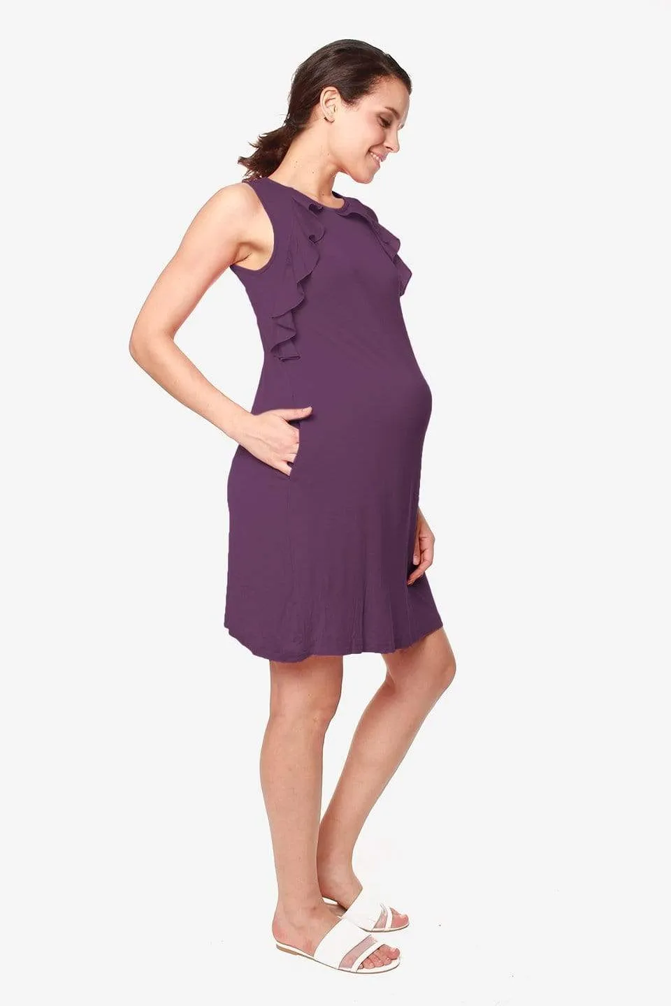 Sleeveless Calida Frills Bamboo Cotton Nursing Dress Eggplant