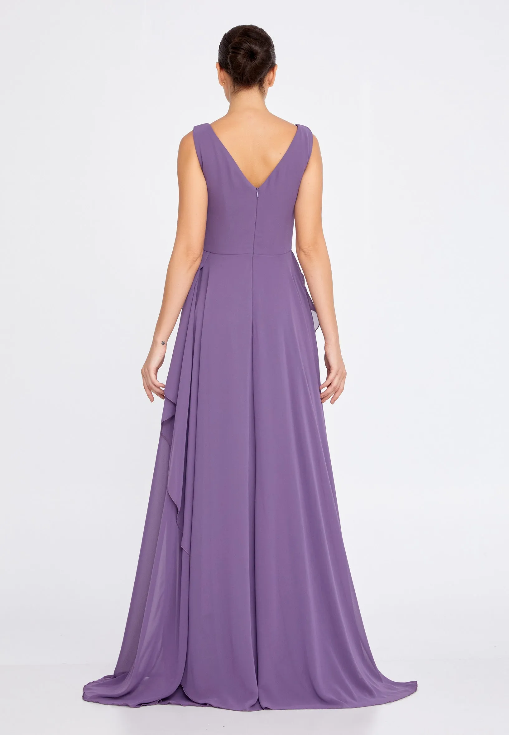 Sleeveless Maxi Chiffon A-Line Wedding Guest Dress - Purple