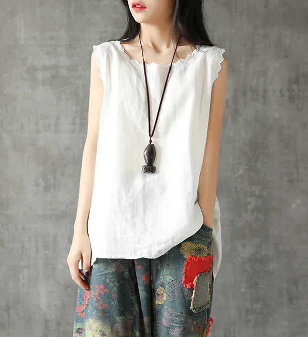 Sleeveless Summer Women Casual Blouse Cotton Linen Shirts Women Tops DZA2005246