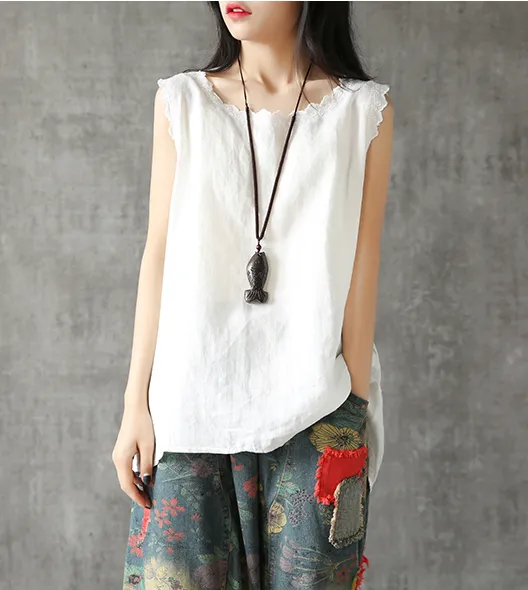 Sleeveless Summer Women Casual Blouse Cotton Linen Shirts Women Tops DZA2005246