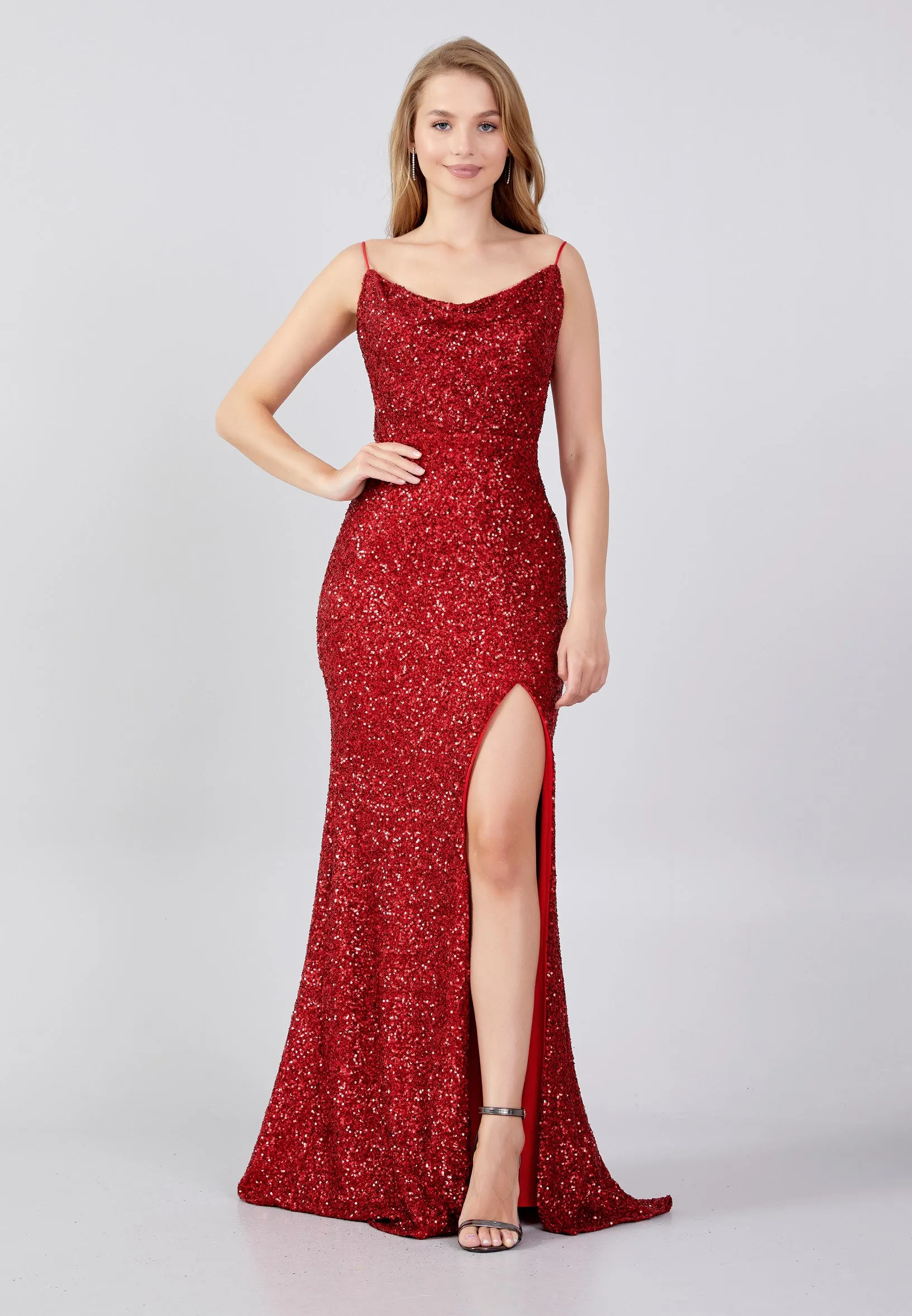 Spaghetti Strap Plunging Neckline Backless Sequin Maxi Dress - Red