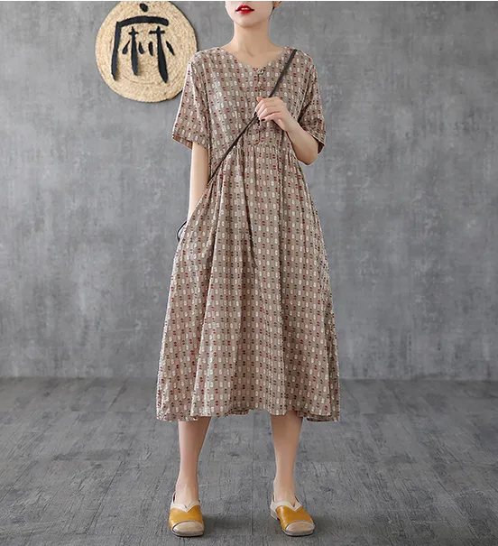 Striped Long Sleeve Summer Spring Cotton Linen Women Dresses DZA20692