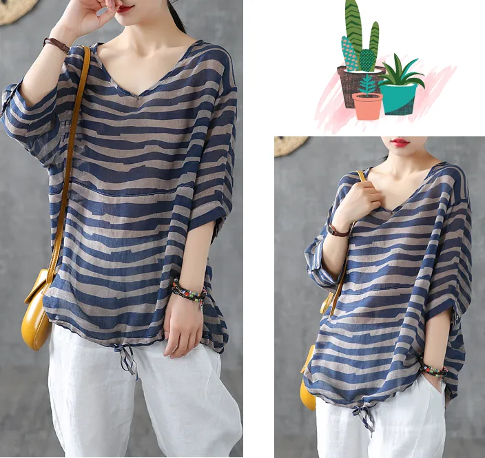 Striped Summer Women Casual Blouse Cotton  Linen Shirts Tops DZA2007191