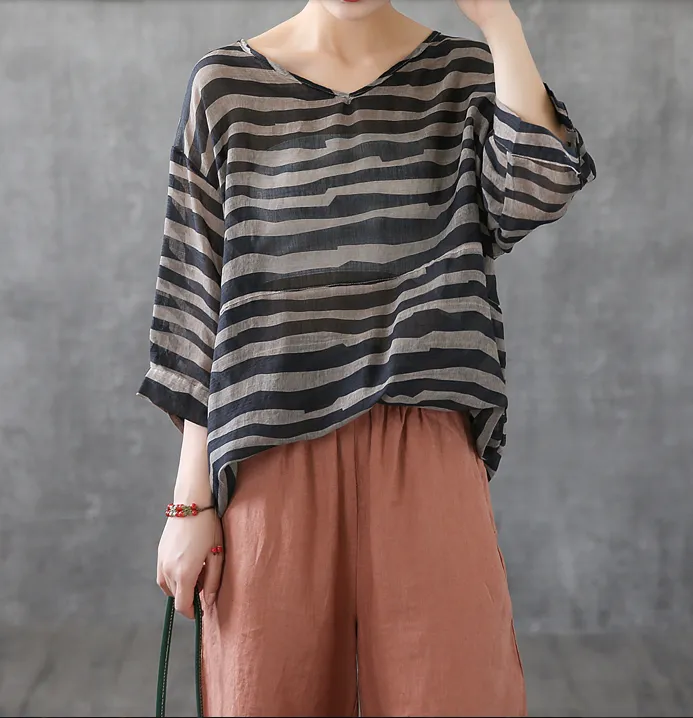 Striped Summer Women Casual Blouse Cotton  Linen Shirts Tops DZA2007191