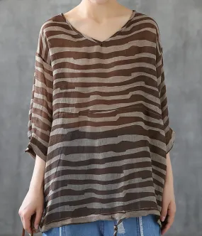 Striped Summer Women Casual Blouse Cotton  Linen Shirts Tops DZA2007191