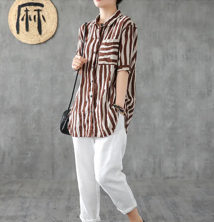 Striped Summer Women Casual Blouse Cotton  Linen Shirts Tops DZA2007192