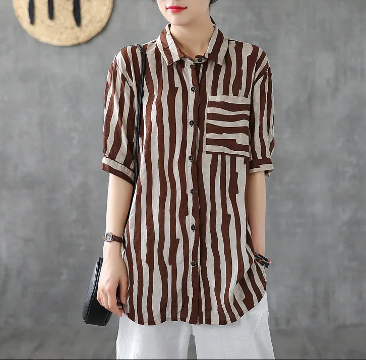 Striped Summer Women Casual Blouse Cotton  Linen Shirts Tops DZA2007192