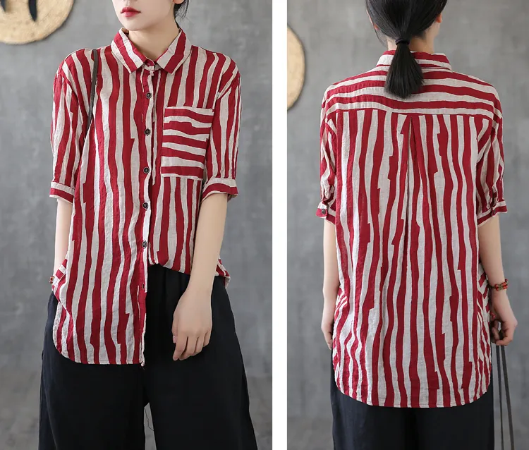 Striped Summer Women Casual Blouse Cotton  Linen Shirts Tops DZA2007192