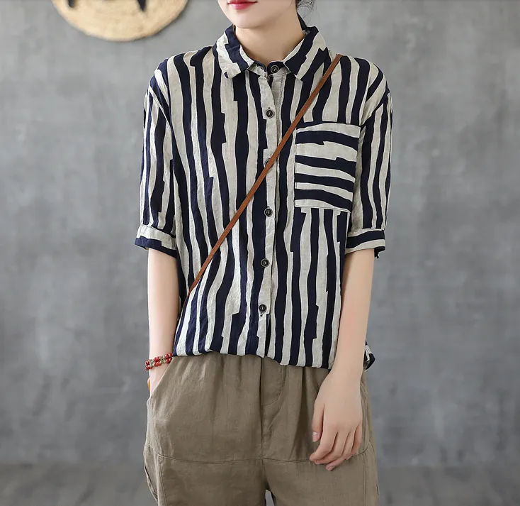 Striped Summer Women Casual Blouse Cotton  Linen Shirts Tops DZA2007192