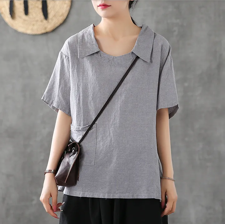 Striped Summer Women Casual Blouse Cotton Shirts Tops DZA2007205