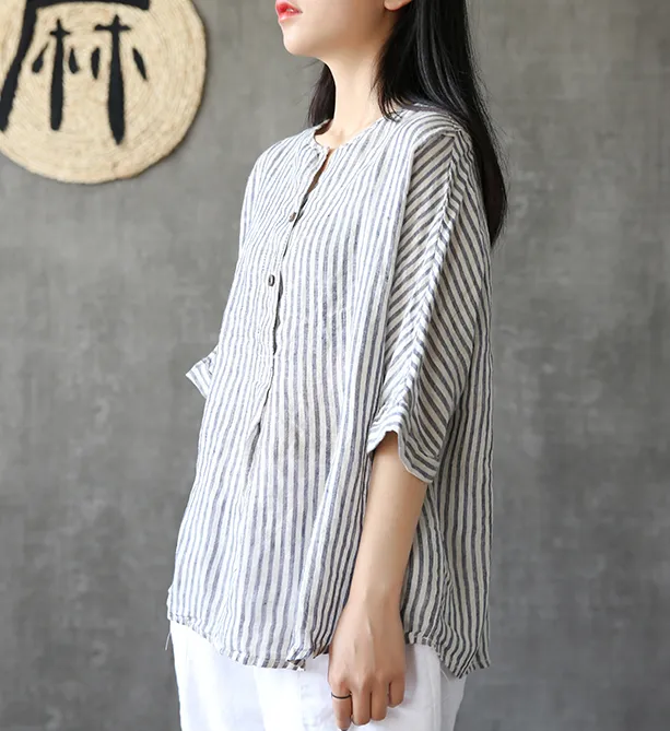 Stripes Summer Women Casual Blouse Cotton Linen Shirts Women Tops DZA2005241