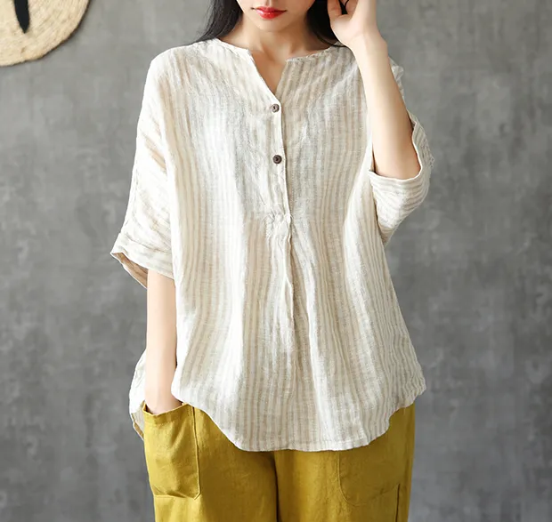 Stripes Summer Women Casual Blouse Cotton Linen Shirts Women Tops DZA2005241