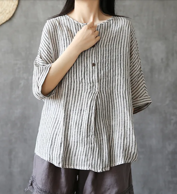 Stripes Summer Women Casual Blouse Cotton Linen Shirts Women Tops DZA2005241