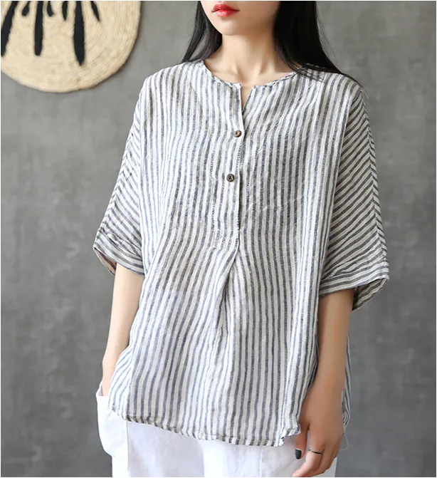 Stripes Summer Women Casual Blouse Cotton Linen Shirts Women Tops DZA2005241