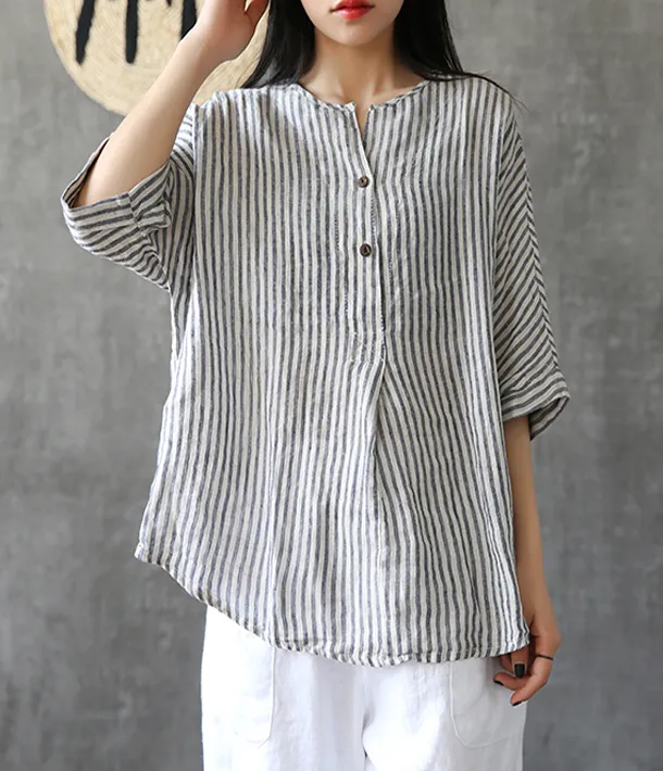 Stripes Summer Women Casual Blouse Cotton Linen Shirts Women Tops DZA2005241