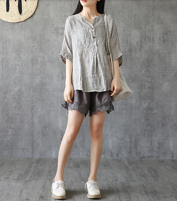 Stripes Summer Women Casual Blouse Cotton Linen Shirts Women Tops DZA2005241