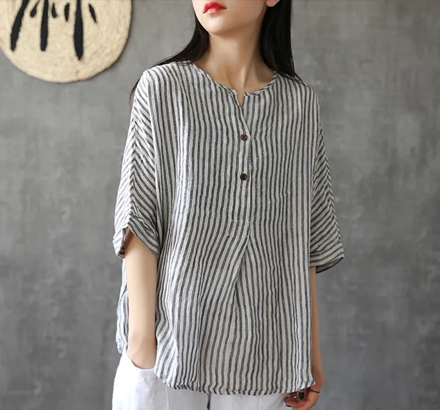 Stripes Summer Women Casual Blouse Cotton Linen Shirts Women Tops DZA2005241