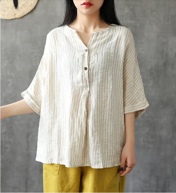 Stripes Summer Women Casual Blouse Cotton Linen Shirts Women Tops DZA2005241