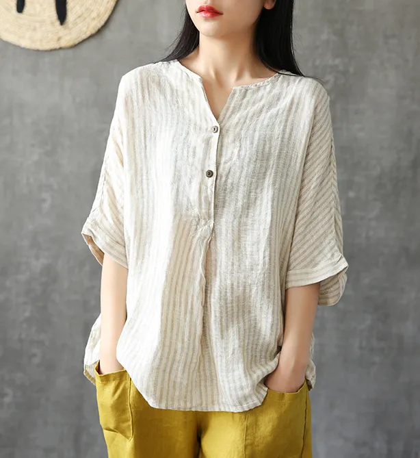 Stripes Summer Women Casual Blouse Cotton Linen Shirts Women Tops DZA2005241