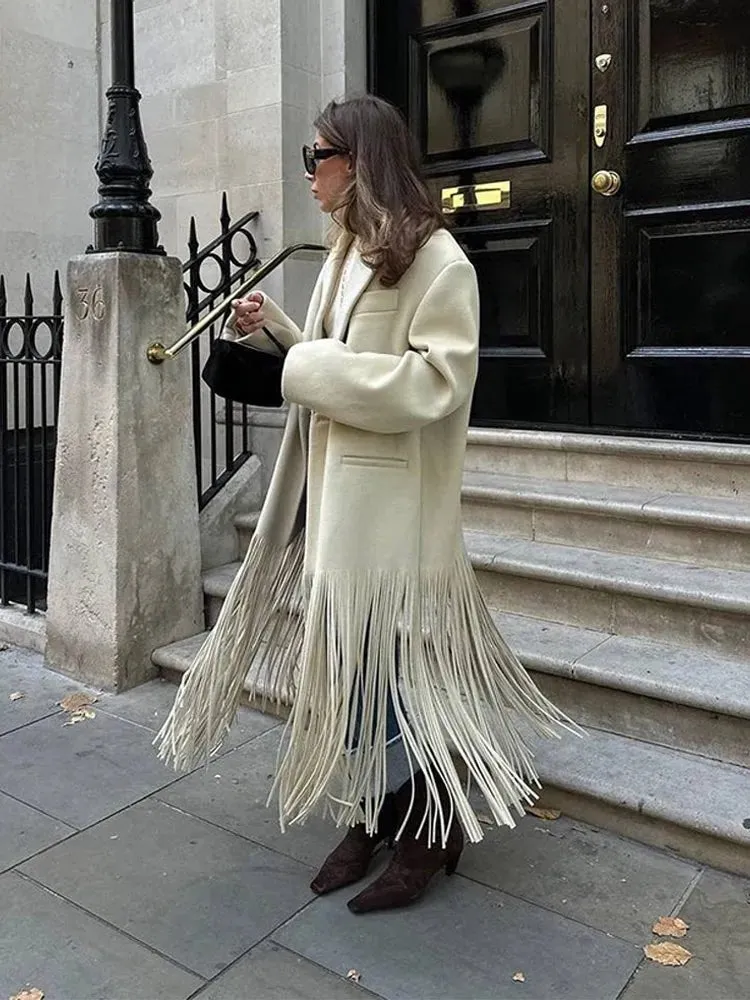 Stylish and Warm Women's Wool Coat with Tassel Fringe