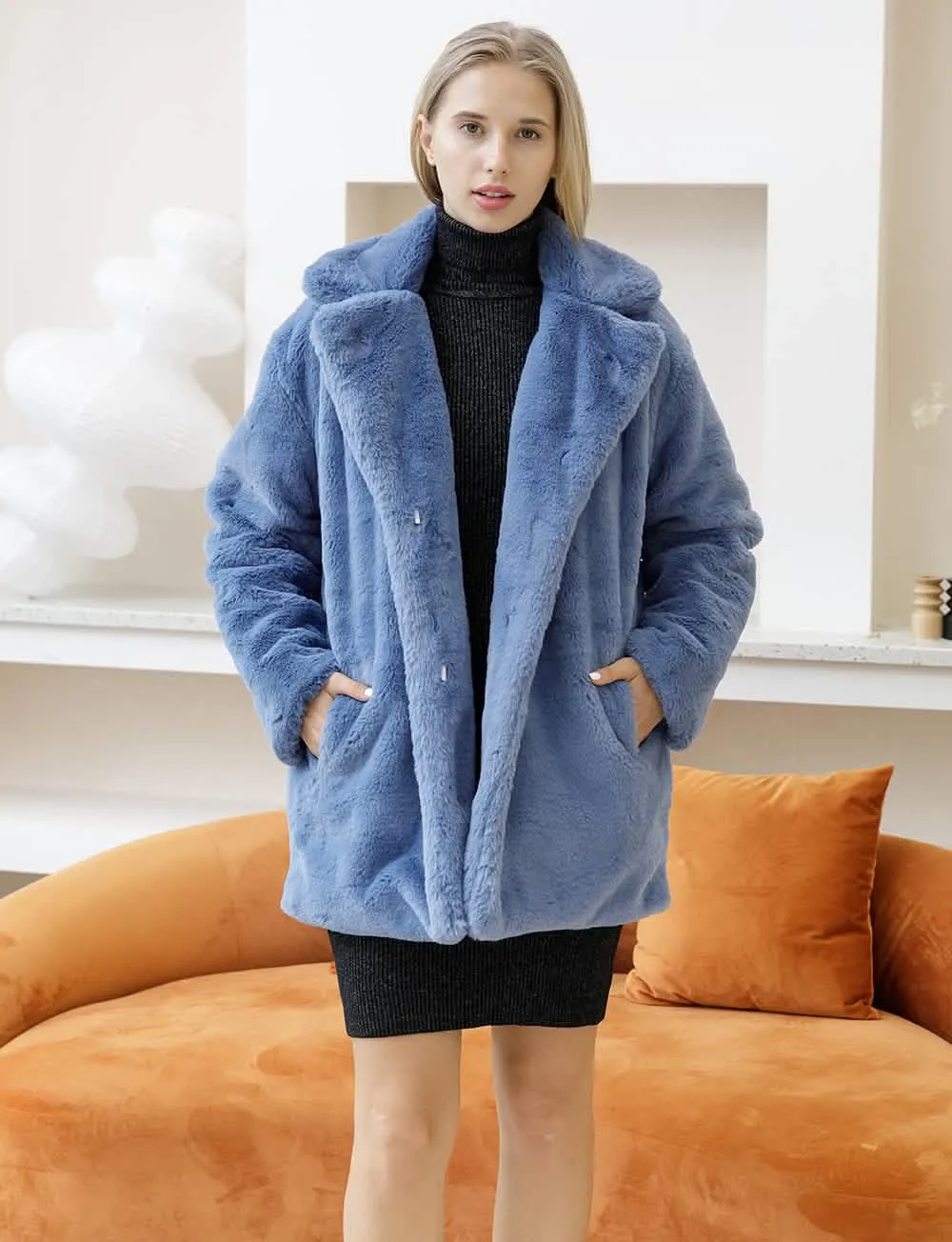 Stylish Women's Plush Faux Fur Overcoat for Cold Weather - Cozy, Chic, and Sophisticated