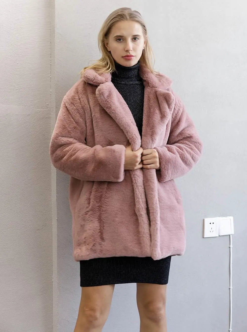 Stylish Women's Plush Faux Fur Overcoat for Cold Weather - Cozy, Chic, and Sophisticated