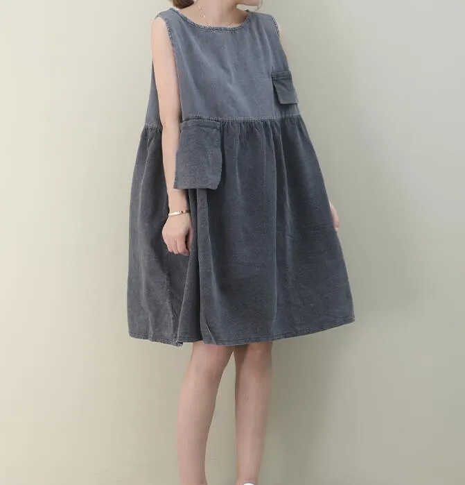 Summer Cotton Spring Women loose Shirts Dresses Sleeveless DZA05095