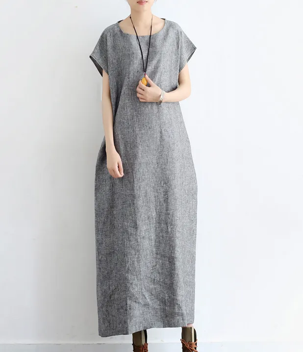 Summer Linen Women Loose Dresses Short Sleeves Long Dresses 05151