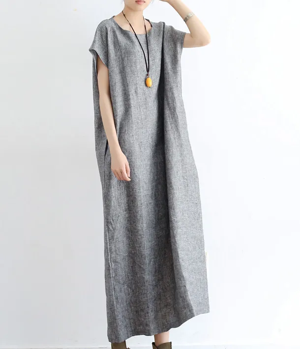 Summer Linen Women Loose Dresses Short Sleeves Long Dresses 05151