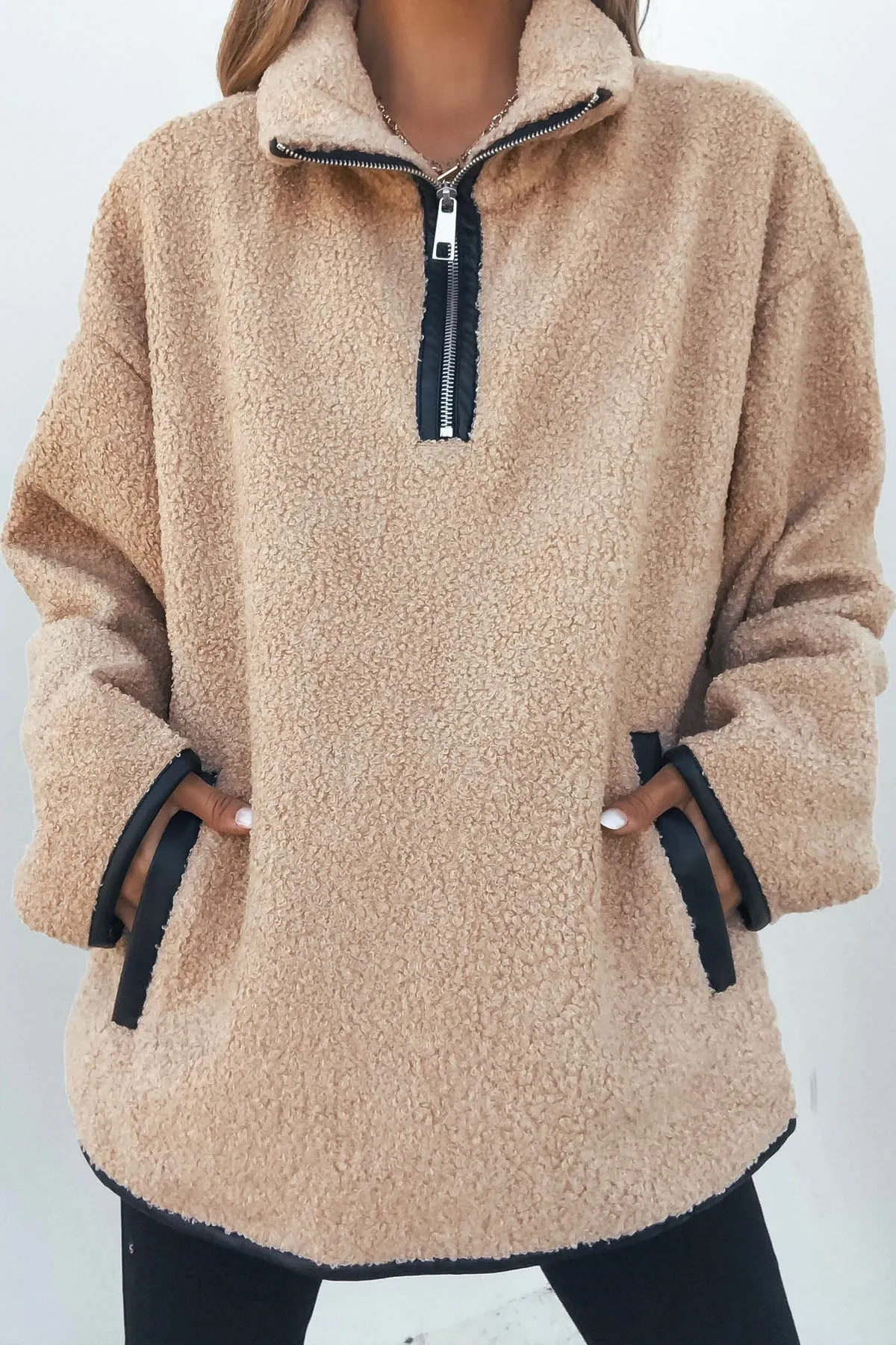 Tan Sherpa Fleece Half Zip Pullover