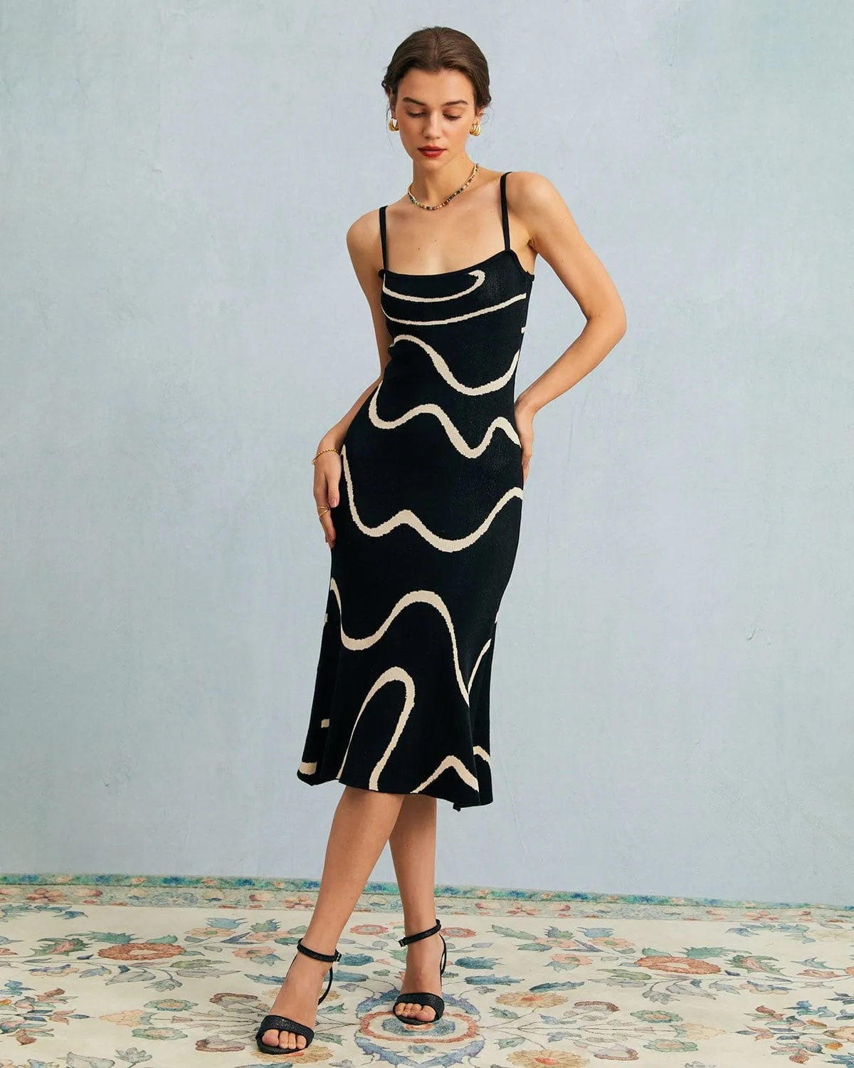 The Black Wave Mermaid Hem Knit Midi Dress