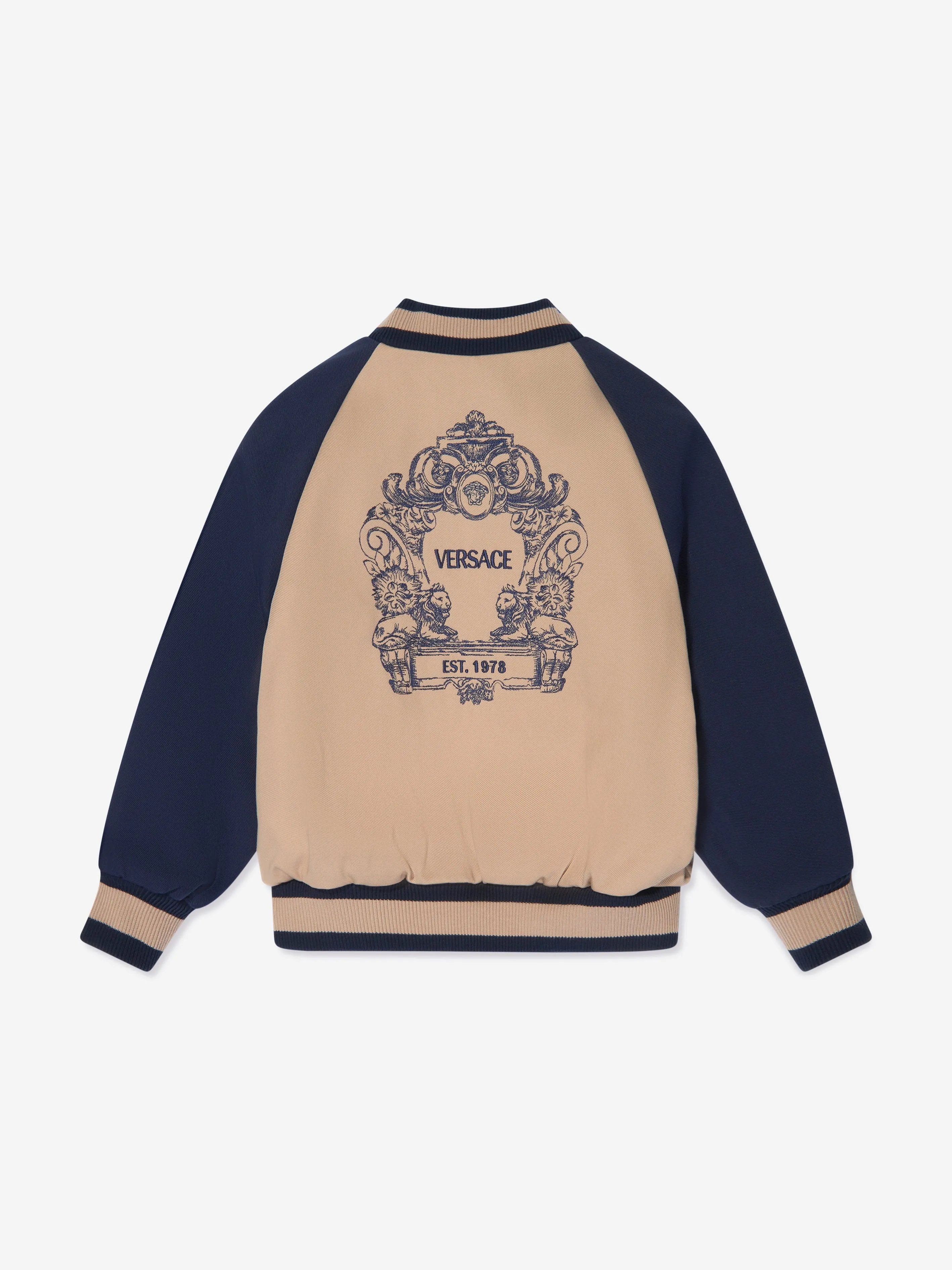 Versace Boys Embroidered Logo Bomber Jacket in Beige