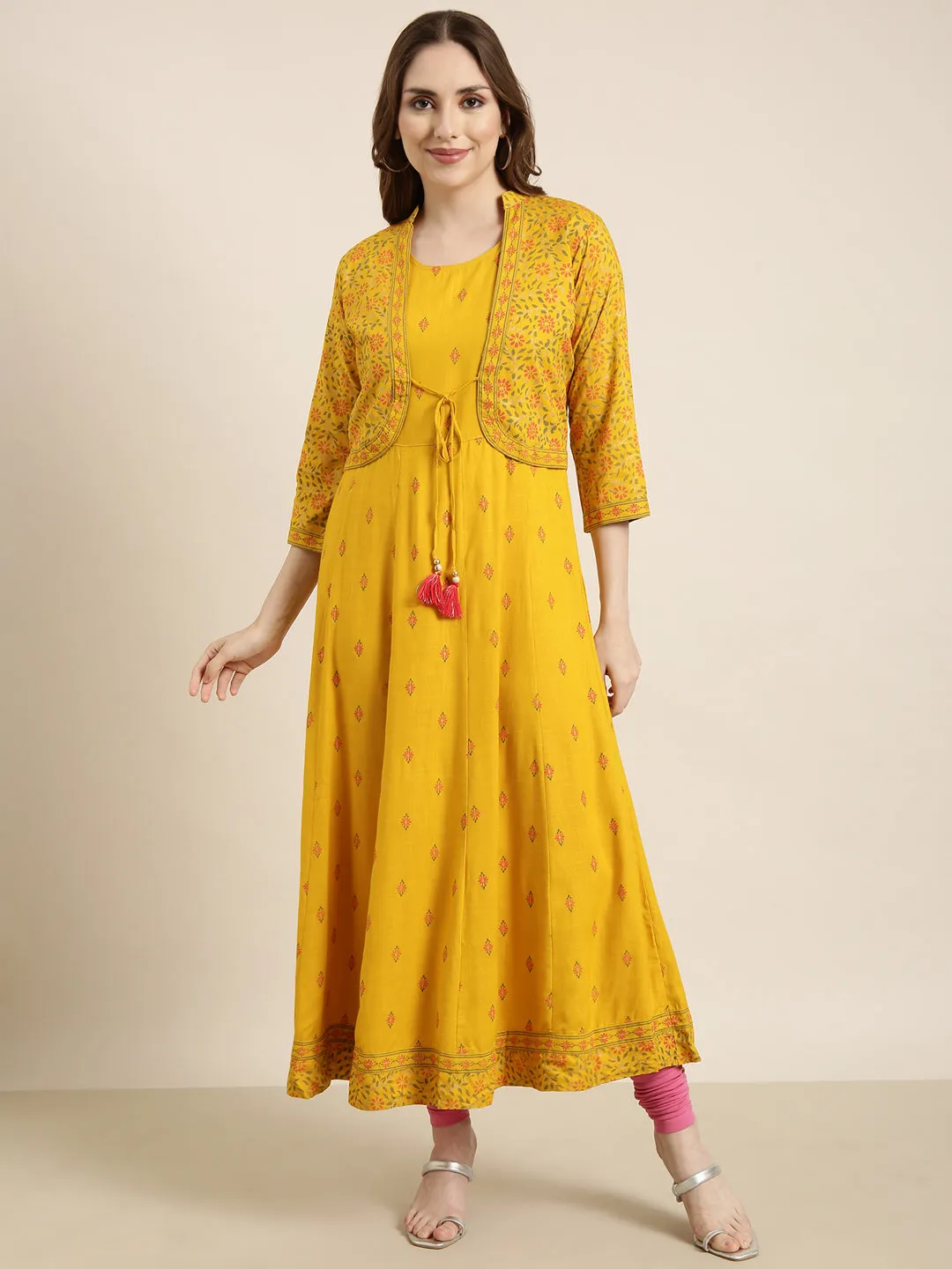 Women Anarkali Mustard Floral Kurta Comes With Overcoat