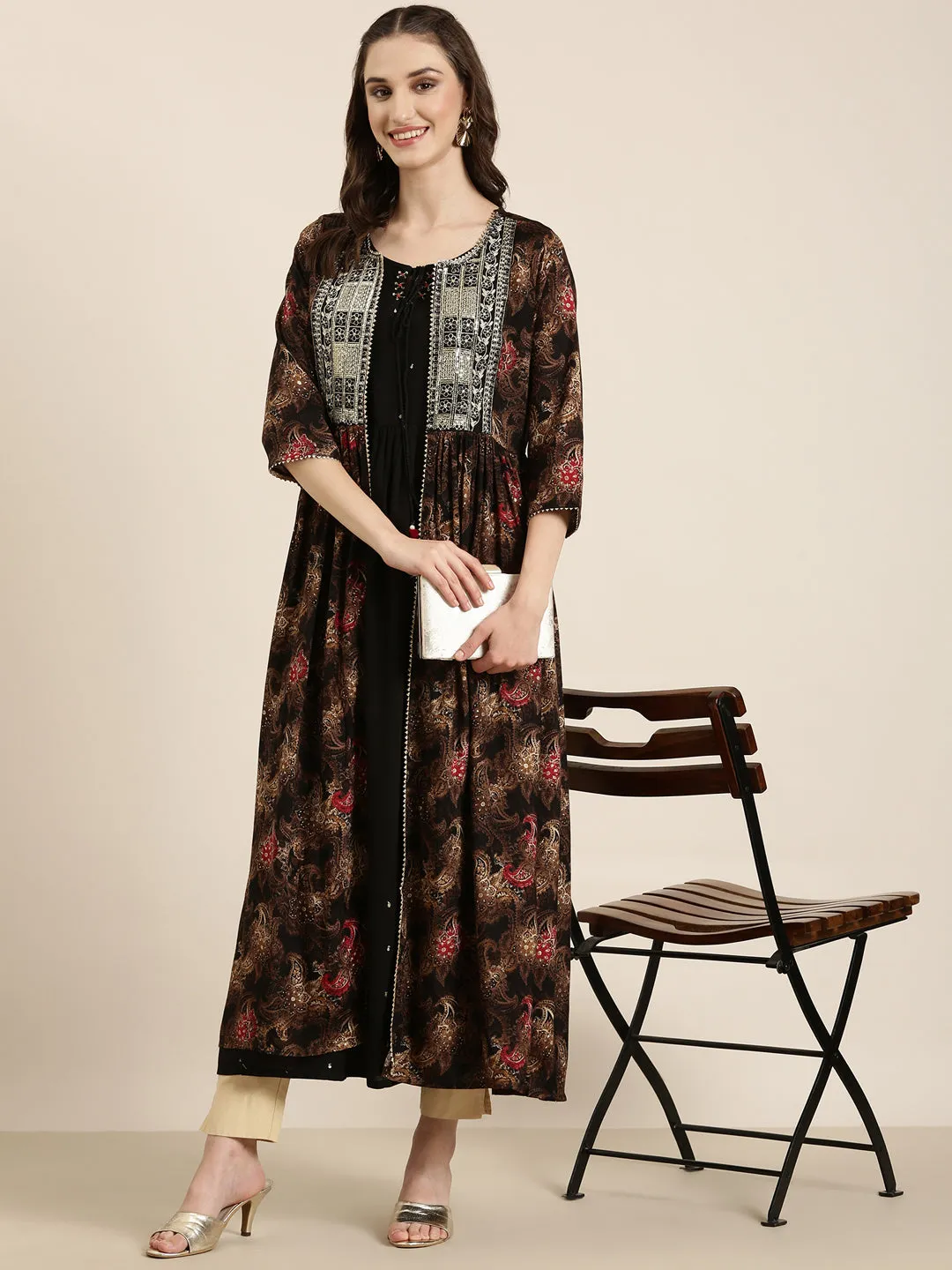 Women Black Floral Anarkali Kurta