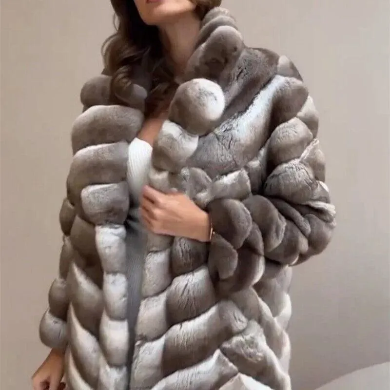 Women's Long Rex Rabbit Fur Overcoat with Chinchilla-Look...