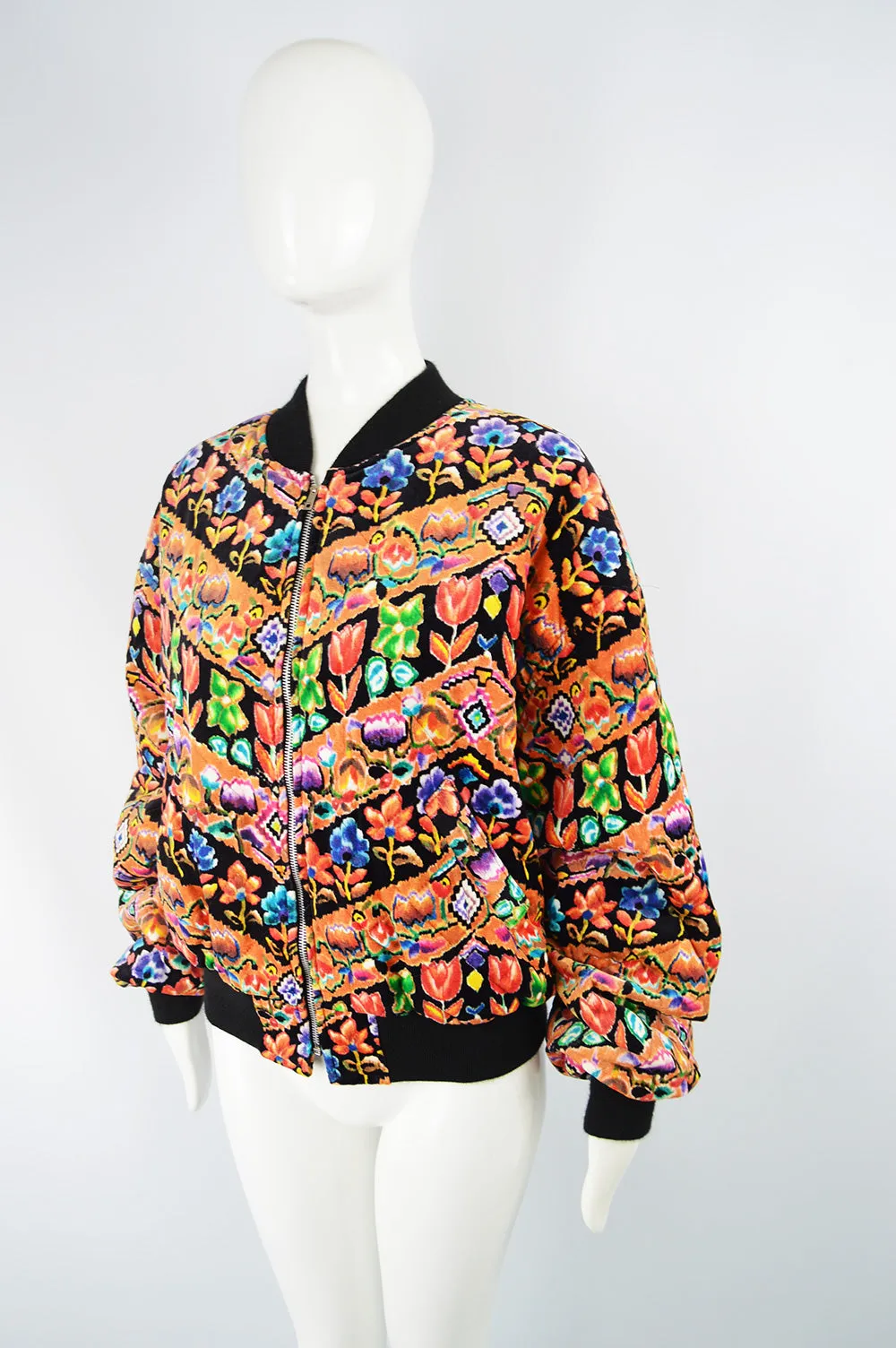 Women's Vintage Patterned Velvet Bomber Jacket, 1980s